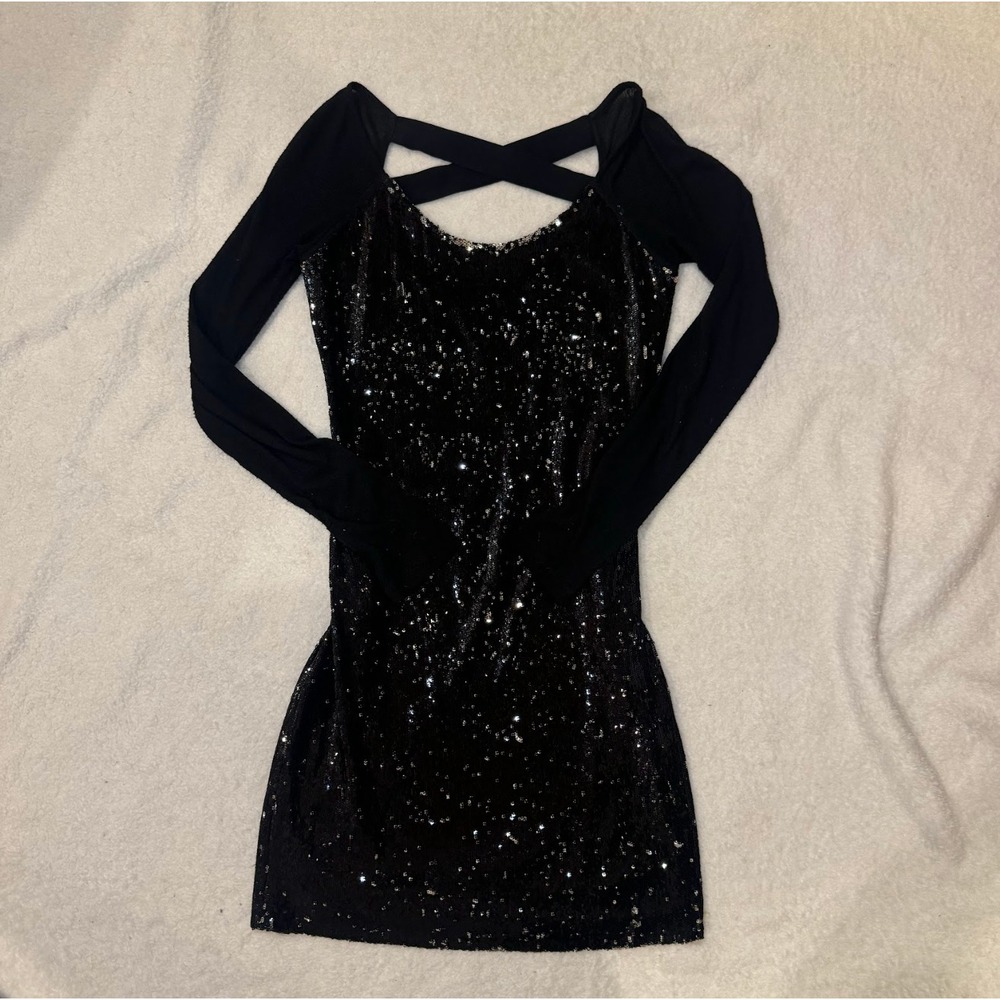 SROK LUXE Black Sequin Long Sleeve Criss Cross Back Mini Dress XS